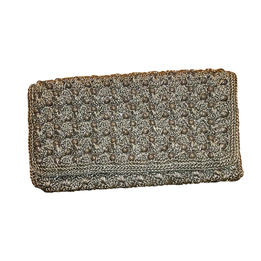 Vintage ADG Fashion Impts Walnut Brown Raffia Envelope/Clutch Bag, Beaded Accent